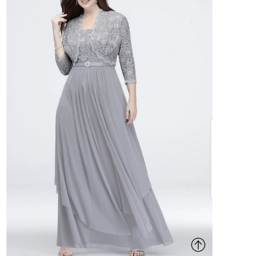R&M Richard’s Gray Sequin Lace and Mesh Jacket Dress with Overskirt Sz 16W